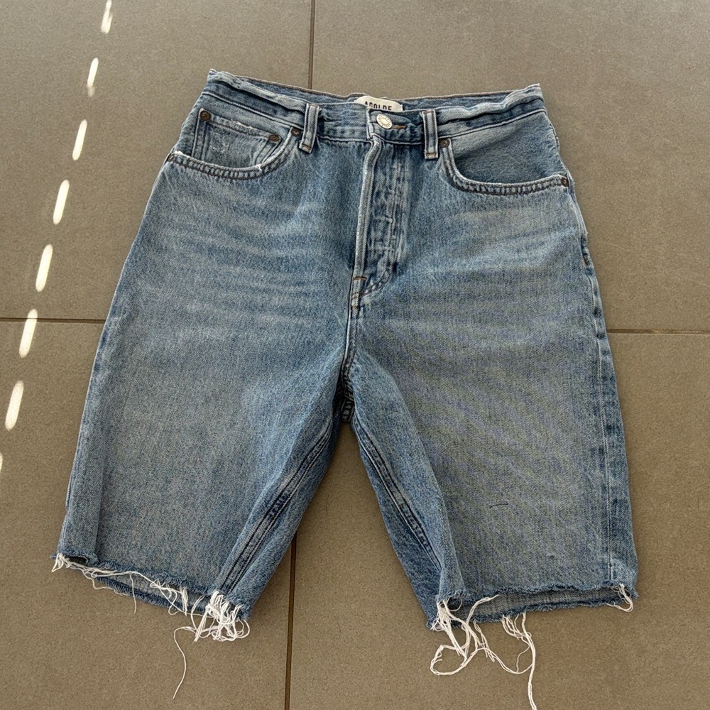 Agolde Light Blue Distressed Denim Jean Shorts